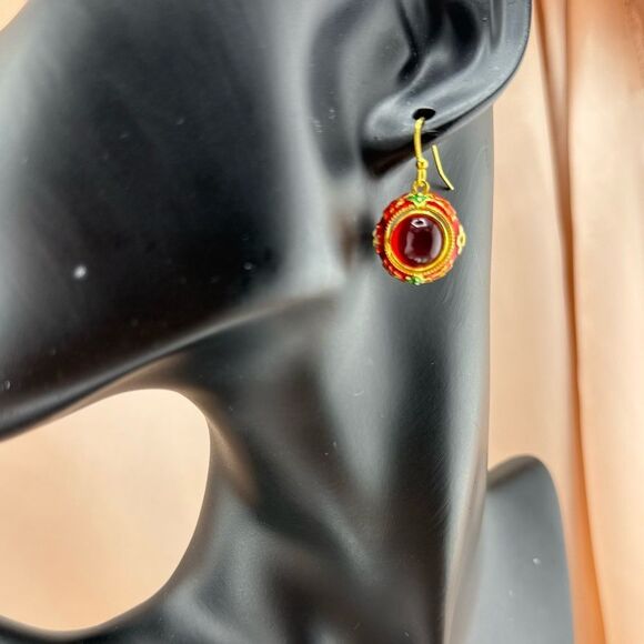 Vintage-Inspired Red Enamel Cabochon Drop Earrings - Picture 10 of 10